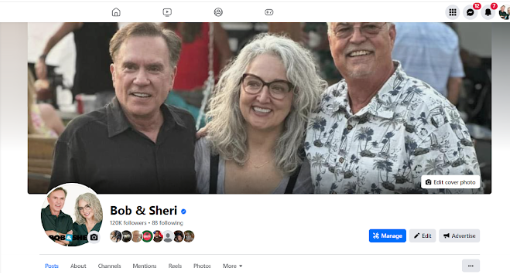 a screen capture of bob and sheri's facebook page showing follower count in the 120,000 range